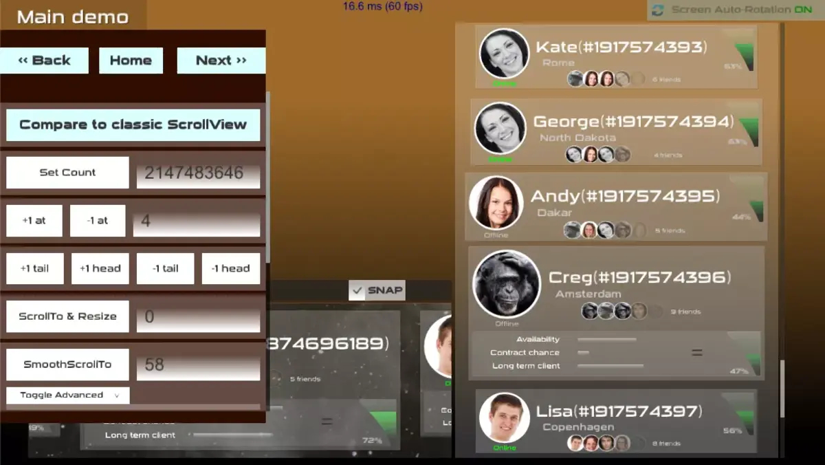 Main demo - Contact list with snapping and 2 billion items