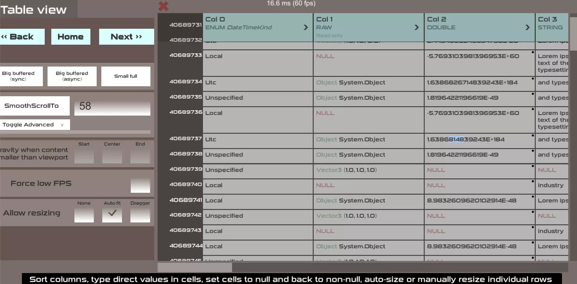 Table view with sortable columns and 40 million rows