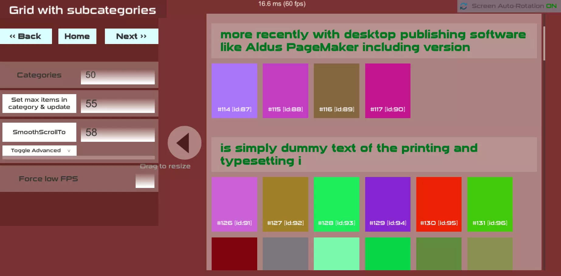 Grid with subcategories layout